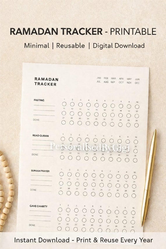 Ramadan Tracker Printable | Minimal Ibadah Planner | Fasting, Quran, Salah & Charity | Neutral Islamic Wall Planner