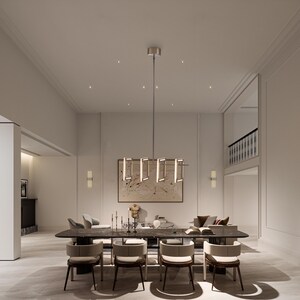 May include: A modern dining room with a long, dark wood table and eight chairs. The table is set with a centerpiece of candlesticks and a book. A large, rectangular painting hangs above the table. A modern chandelier hangs from the ceiling.