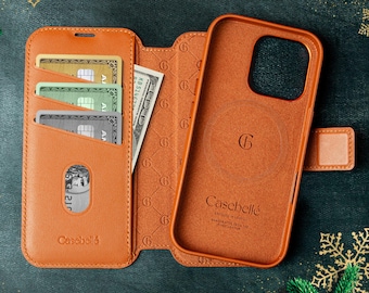 Personalized iPhone 16 Pro/Max Leather Wallet Case: Magnetic Detachable Card Holder