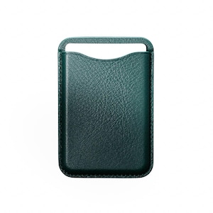 May include: A teal green leather phone sleeve with a textured surface. The sleeve has a rectangular shape with a curved top and a handle at the top. The edges are stitched with a contrasting thread.