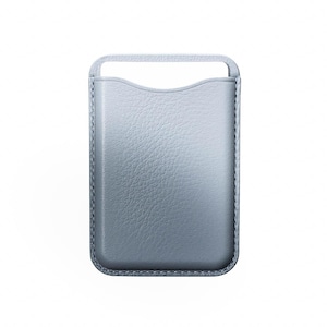 May include: A light blue leather phone case with a handle at the top. The case has a textured surface and a curved top edge. The stitching is visible around the edges of the case.