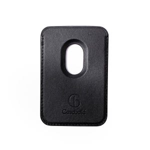 May include: A black leather phone case with a rounded rectangular shape and a large oval cutout. The case has a stitched border and the Casebelle logo is embossed at the bottom.