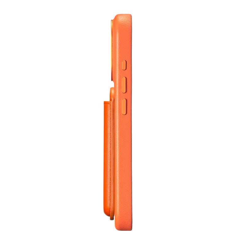 May include: Side view of an orange phone case with a matching orange pop-up grip. The case has a smooth texture and features buttons on the side. The pop-up grip is a vertical rectangle that can be extended for a better grip.