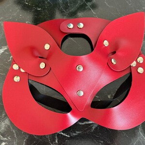 Sexy Women's Leather Cat Mask, Halloween Kitty Mask, Harness Costume, Catwoman Mask, Leather Red Mask, Leather Cat Mask, Mask for Masquerade