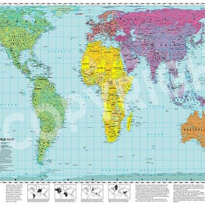 Puede incluir: Un colorido Mapa del Mundo de Peters, con países en varios colores, incluyendo verde, amarillo y morado. El mapa está sobre un fondo azul claro con un patrón de cuadrícula. El título "PETERS WORLD MAP" es visible.