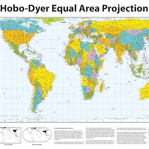 May include: A colorful world map with the title "Hobo-Dyer Equal Area Projection" at the top. The map displays continents and countries in various colors, with oceans in blue. Includes three smaller maps and explanatory text at the bottom.