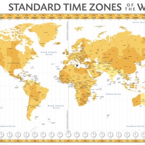 May include: A detailed world map illustrating standard time zones, rendered in gold and white. The title "STANDARD TIME ZONES OF THE WORLD" is displayed at the top. Oceans are labelled, and time zones are marked with numerical indicators.
