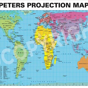 May include: A Peters Projection world map with a blue background and a grid pattern. The continents are colored in shades of green, yellow, orange, pink, and red. The map includes the names of countries and oceans.