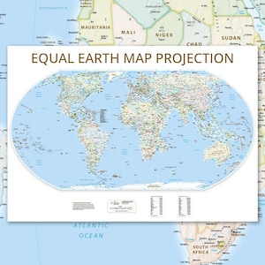 May include: A rectangular wall map titled EQUAL EARTH MAP PROJECTION, displaying a world map with continents in various pastel colours against a light blue ocean. The map includes a legend, scale bar, and text blocks at the bottom on a white background.