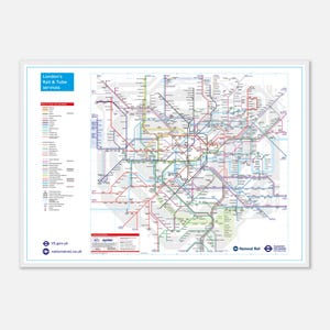 May include: A framed map of the London Underground, featuring a colorful network of lines representing the Tube. The map includes the text "London's Rail & Tube Services" and logos for tfl.gov.uk, nationalrail.co.uk, and Transport for London.