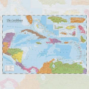 May include: A detailed map of the Caribbean region, showing the islands and surrounding seas. The map is labelled "The Caribbean" and includes the Gulf of Mexico and the Pacific Ocean. Each island is colored differently, providing a clear visual representation.