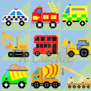 Baustellenfahrzeuge Häkelanleitung: C2C Decke, Kissenbezug (PDF)