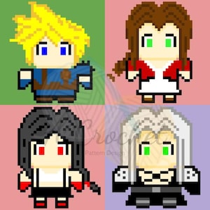May include: Pixel art featuring four characters with distinct hairstyles and outfits. The characters are set against a green, pink, and purple background. The image has the text "Crochet Pattern Design".