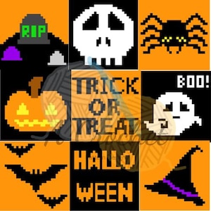 Halloween C2C Crochet Pattern: Bat, Skull, Spider, Pumpkin, Ghost (PDF)
