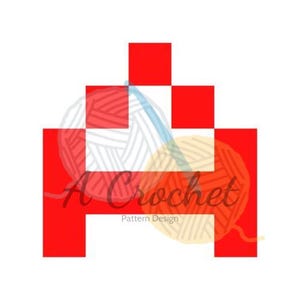 May include: A crochet pattern design for a red pixelated house. The pattern is shown in a graphic with yarn balls in the background.