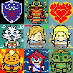 May include: A grid of nine pixel art images featuring characters and symbols from a video game. The images include a shield, a heart, and various character portraits in a colorful, blocky style. The background is a light teal color.