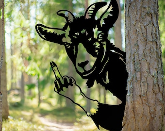 Peek-a-Boo flipping off geit metalen bord, grappig geit decor, buiten decor onbeleefde humor, gluurgeit, aanstootgevende grap cadeau voor boeren/vrienden