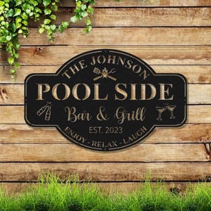 Könnte beinhalten: Ein schwarzes Metallschild mit dem Text "THE JOHNSON POOL SIDE Bar & Grill EST. 2023 ENJOY - RELAX - LAUGH" in goldfarbenen Buchstaben. Das Schild ist auf einem Holzgrund mit grünem Gras unten und Grünzeug oben montiert.
