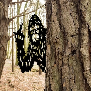 Flipping Off Bigfoot Metal Sign, Peek-a-Boo Flipping Off Bigfoot Metal Sign, Peaking Bigfoot, Flipping the Bird Edition, Bigfoot Says Your