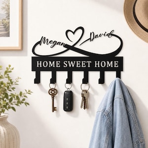 Custom Couple Heart Key Holder, Personalized Name Wall Decor, Infinity Heart Metal Sign, Key Organizer, Housewarming Gift, Christmas Gift