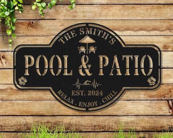 Puede incluir: Letrero de metal negro con las palabras "The Smith's Pool & Patio" en una fuente decorativa. El letrero incluye una sombrilla, sillas y el texto "Est. 2024". El letrero está montado sobre un fondo de madera.