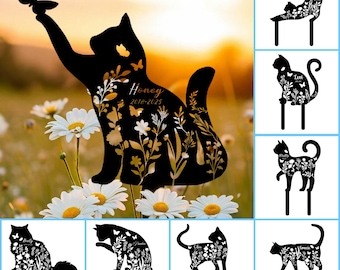 Personalized Metal Cat Stake, Cat Memorial Stake with Flowers, Custom Cat Cemetery Stake, Cat Garden Decor, Pet Loss Gift, Cat Lover Gift