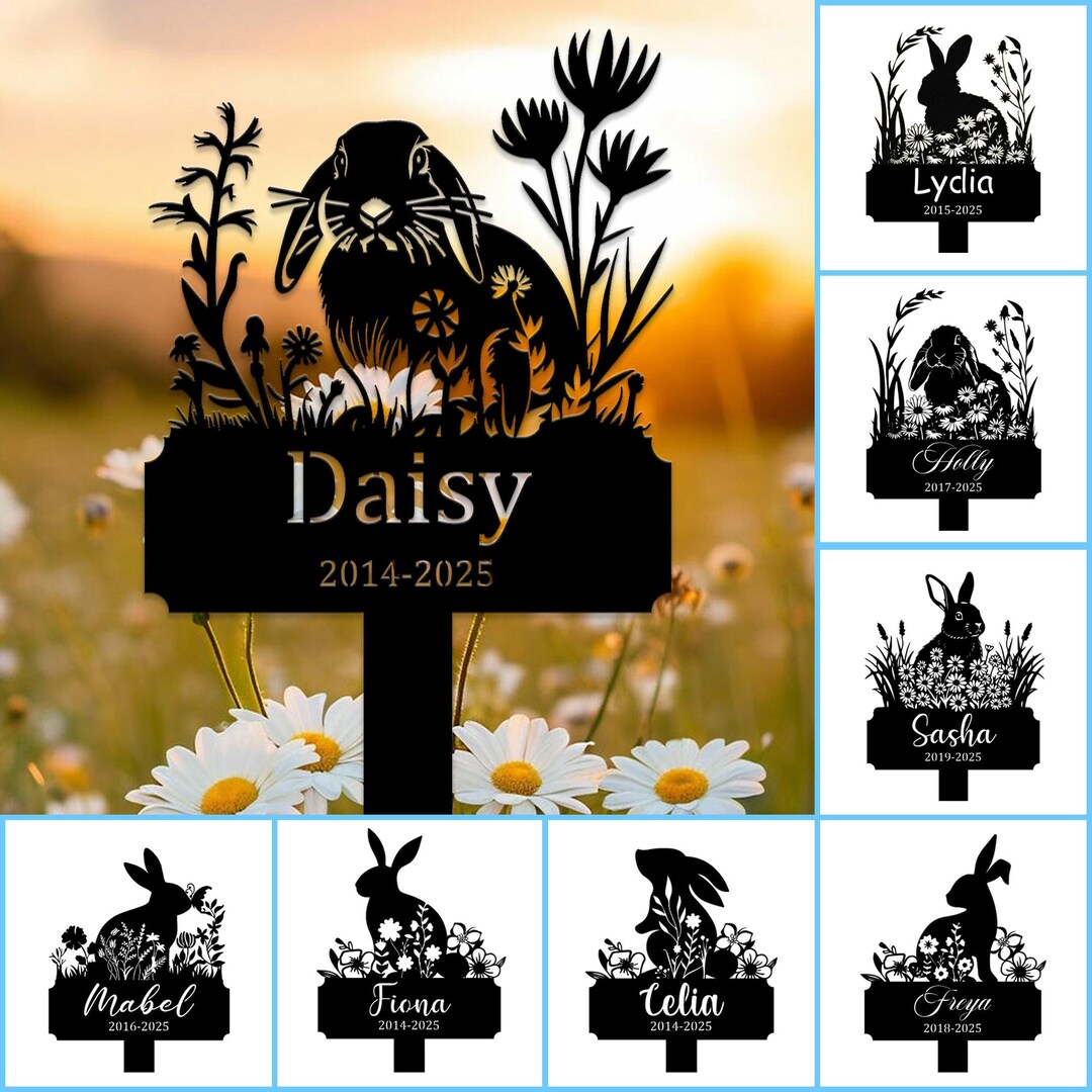 Personalized Metal Rabbit Stake, Rabbit Memorial Stake With Flowers ...