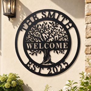 Aangepaste welkom Stamboom des levens naam metalen bord, gepersonaliseerd muur hangend deurbord olijfboom, metalen muur art deco, housewarming cadeau