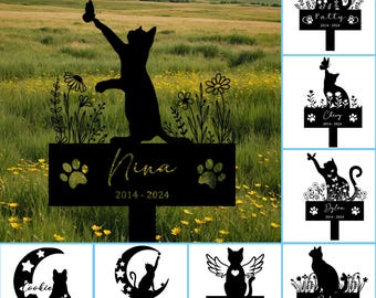 Personalized Metal Cat Stake, Cat Memorial Stake with Flowers, Custom Cat Cemetery Stake, Cat Breed Sign, Pet Loss Gift, Cat Lover Gift