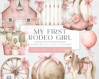 Mi primer clipart rosa de rodeo: cumpleaños de vaquera, arte western para baby shower, clip art digital para niños - PNG transparente para uso comercial