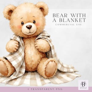 Bear With Blanket Clipart - Baby Shower Invitation Clipart - Neutral Baby Designs  - for Commercial Use - Instant Download - PNG 300dpi