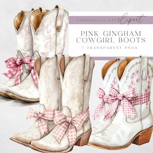 May include: Seven watercolor illustrations of pink gingham cowgirl boots with pink bows.  The boots are white with a floral design and a brown heel.  COMMERCIAL USE clipart.