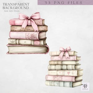 May include: Two stacks of vintage books with pink ribbons. The books have a worn, antique look and are decorated with floral patterns. The stacks are isolated on a white background.