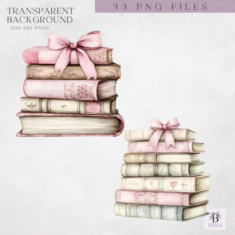 May include: Two stacks of vintage books with pink ribbons. The books have a worn, antique look and are decorated with floral patterns. The stacks are isolated on a white background.
