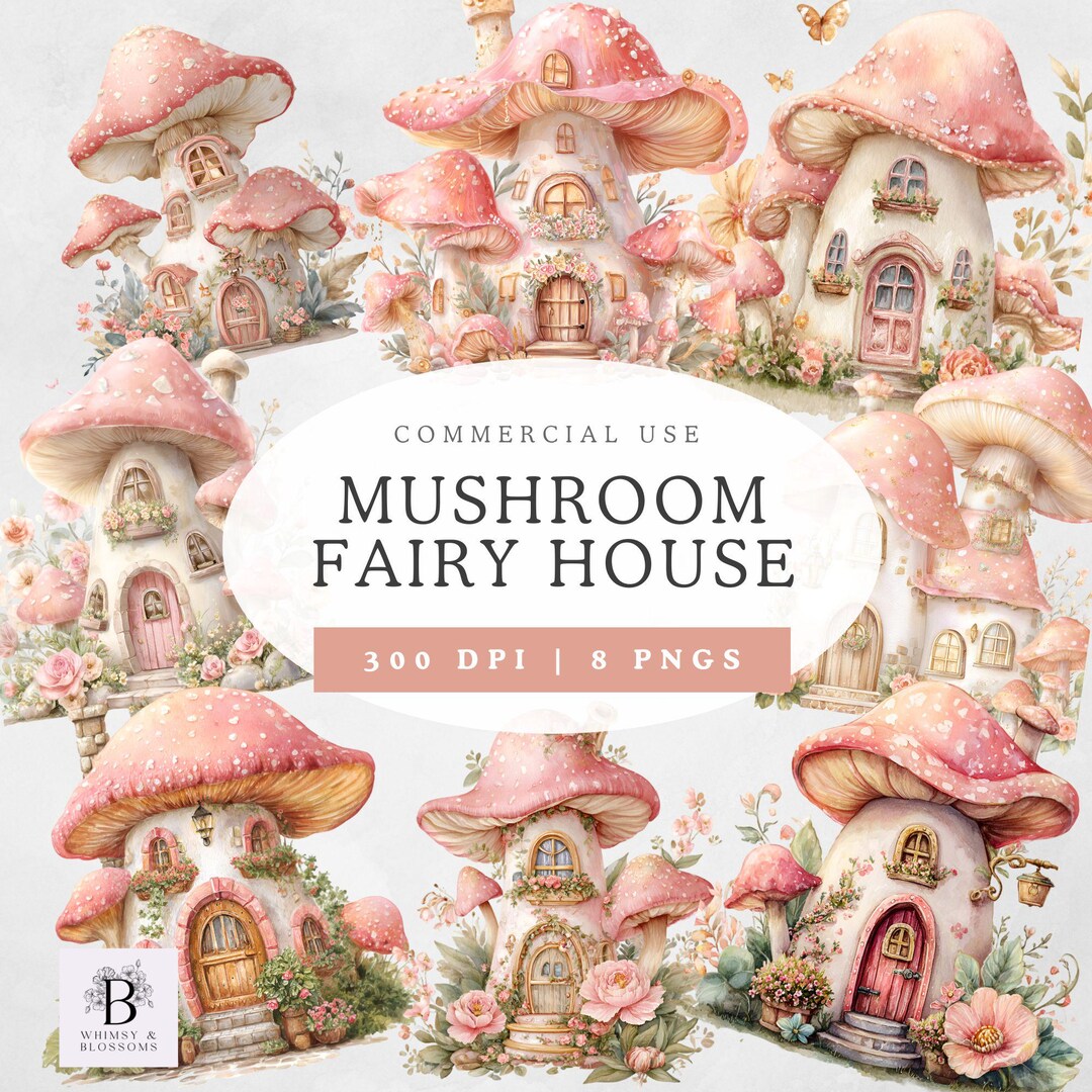 Pink Mushroom House Clipart, Whimsical Fairy Garden PNG, Digital ...