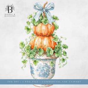May include: A watercolour illustration of two orange pumpkins stacked, adorned with green vines and a light blue bow. The pumpkins are in a blue and white floral pot. The text "Whimsy & Blossoms" is in the upper left corner.