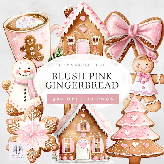Pink Gingerbread Clipart Pack, Blush Pink Christmas, Cozy Winter Clipart, Watercolor Design, For Commercial Use, 300dpi, Transparent
