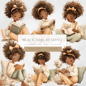 Black Girl Reading Clipart, Book Lover PNGs, Black Girl Kids Digital Art, Kids Reading Graphics, Commerical Use Graphics, Instant Download