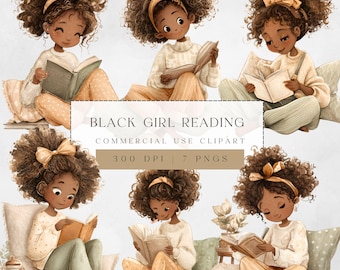 Black Girl Reading Clipart, Book Lover PNGs, Black Girl Kids Digital Art, Kids Reading Graphics, Commerical Use Graphics, Instant Download