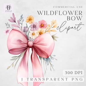 Könnte beinhalten: Ein rosa Aquarell-Schleife mit einem Strauß Wildblumen in Rosa-, Gelb- und Blautönen. Die Schleife ist mit einem langen Band gebunden und die Blumen sind um die Schleife herum angeordnet. Das Bild ist ein digitales Clipart für kommerzielle Nutzung.
