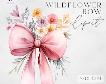 Watercolor Wildflower Pink Bow Clipart Png - Pink Floral Bow Clipart - Floral Pink Bow Designs - Commercial Use - Instant Download - PNG