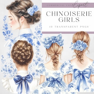 Chinoiserie Girls - Blue Chinoiserie Clipart - Regency Girls - Blue Toile Clipart - roze bundel - PNG - transparante achtergrond - commercieel