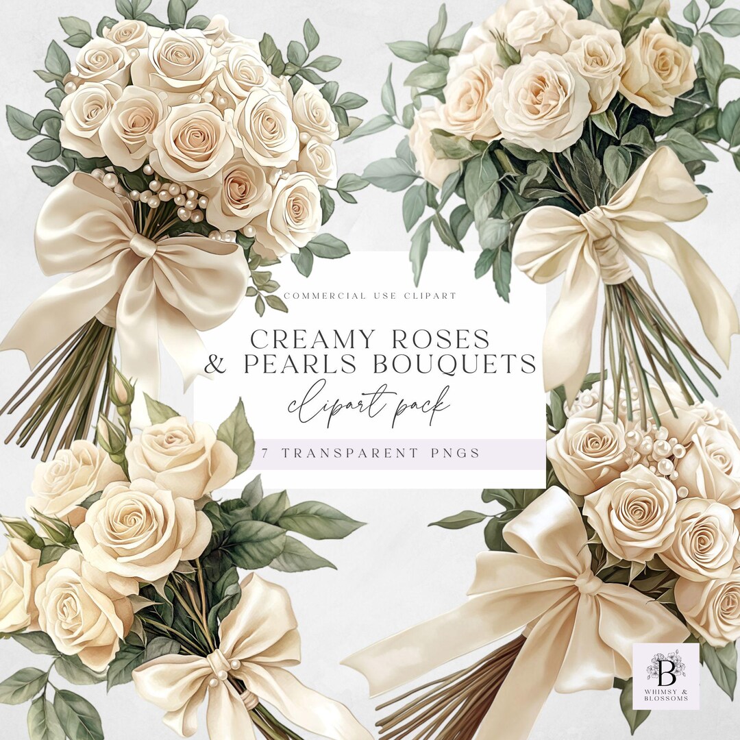 Creamy Roses and Pearls Bouquet Pngs - Rose Boquet Clipart Pack - Cream ...