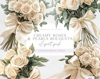 Creamy Roses and Pearls Bouquet Pngs - Rose Boquet Clipart Pack - Cream Roses- Wedding Invitation Graphics - PNG - Transparent Background