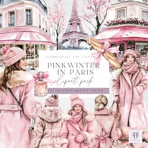 Pink Winter in Paris Clipart - Winter Graphics PNG - Elegant Paris Clipart - Digital Download for Card Making - French Travel - France - PNG
