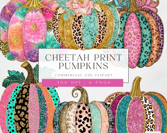 Bright Cheetah Print Pumpkin Clipart, Digital Art for Fall Decor, Cute Cheetah Pumpkin Illustrations, Fall Decor, Commercial Use, 300 dpi