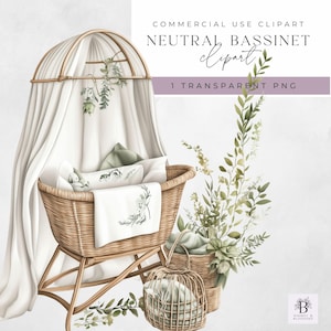 Baby Stubenwagen Clipart - Neutral Stubenwagen Clipart - Hohe Qualität - sofortiger Download - Vintage Greenery Stubenwagen Szene - PNG - Transparent