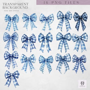 May include: Set of 16 blue and white gingham bows, watercolour illustrations with a transparent background.  These digital graphics are perfect for scrapbooking, invitations, and other craft projects.
