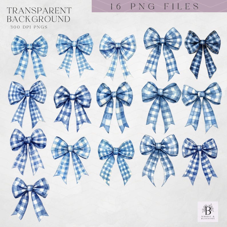 May include: Set of 16 blue and white gingham bows, watercolour illustrations with a transparent background.  These digital graphics are perfect for scrapbooking, invitations, and other craft projects.