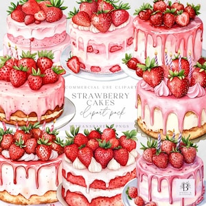 Strawberry Cake Clipart - Strawberry Birthday Cakes Illustration- Transparent PNG for Commercial Use - High Quality - Instant Download